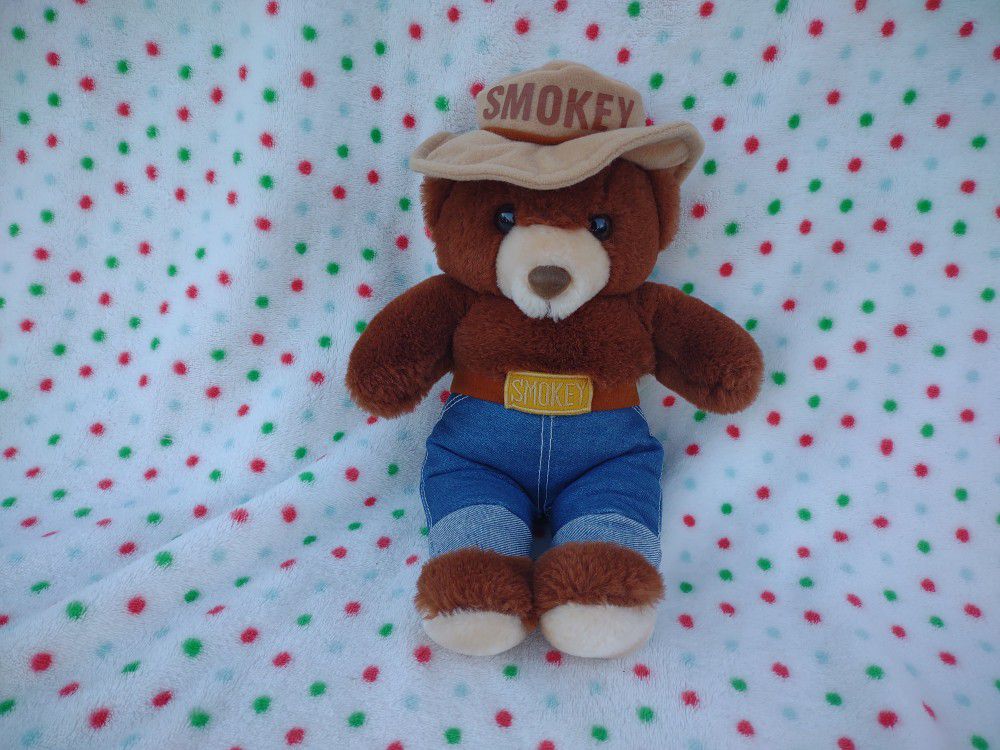 Vintage 80s 1985 Smokey Bear Stuffed Plush Wearing Jeans Three Bears Inc 14"