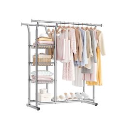 Clothes Rack, Double Rod Clothing Rack for Hanging Clothes
Heavy Duty Stainless Steel Garment Rack with Storage Rack,Large Capacity Standing Closet Wa