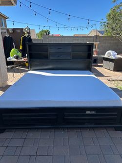King Bed Frame with Storage Headboard and mattress