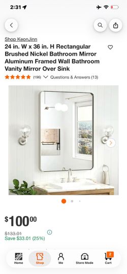 24x36 Brushed Nickel Rectangular Bathroom Mirror