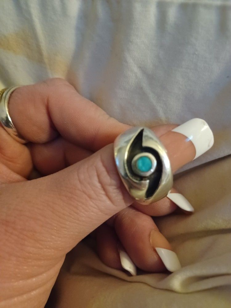 Sterling Silver And Turquoise Ring, Old Pawn, Size 10.5