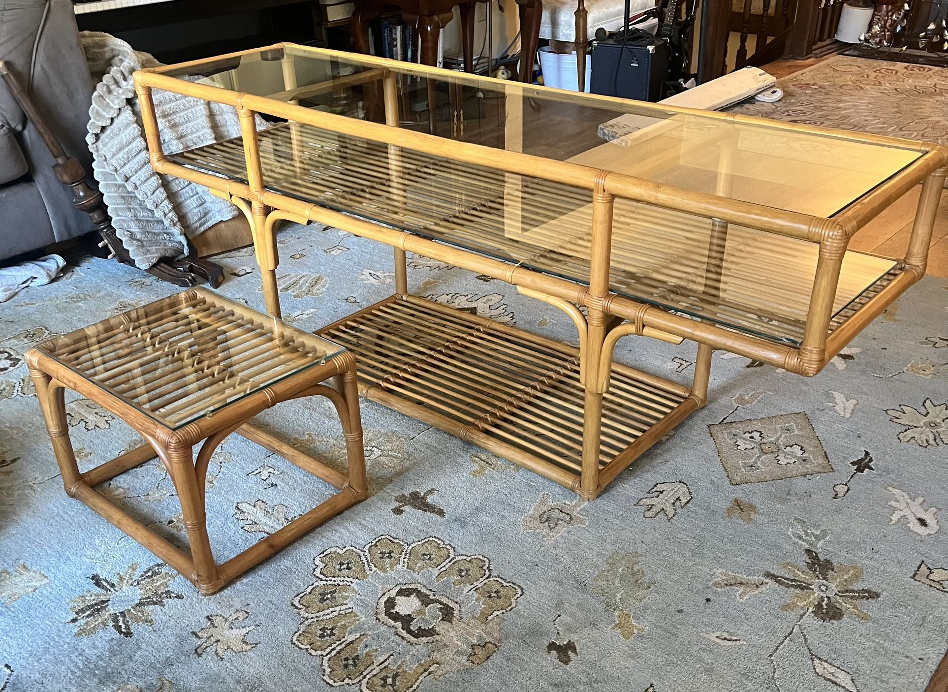 Beautiful Three-Tier Wrapped Rattan Bamboo 2 Glass Top Sofa Console Table & Matching End Table
