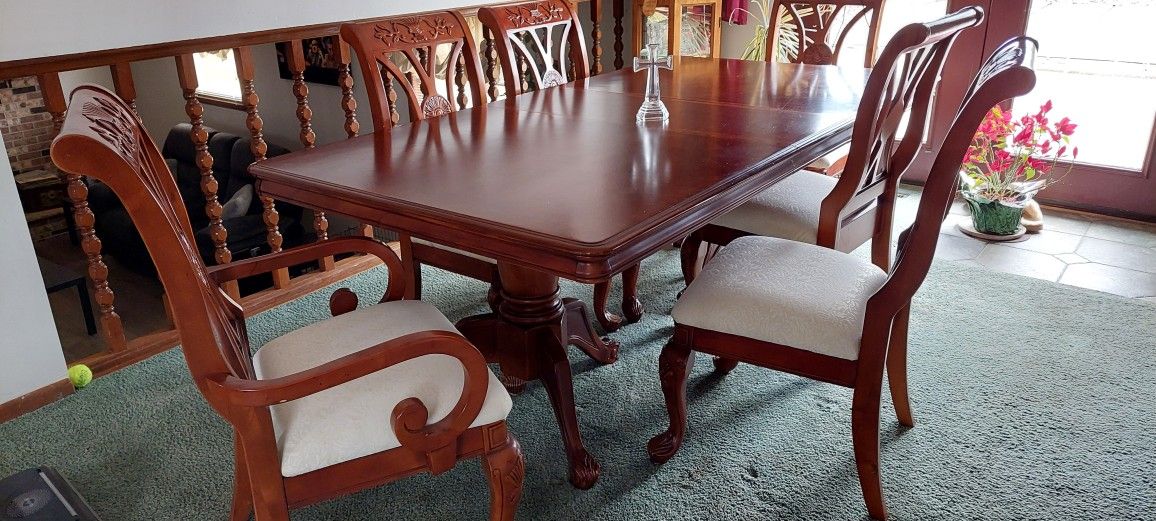 Wood Carved Cherry Dining Chairs And Pedestal Table