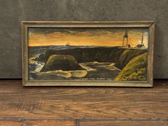 Antique c1920s Oil Painting "Lighthouse Near Newport, Ore." signed "Y.R.S."