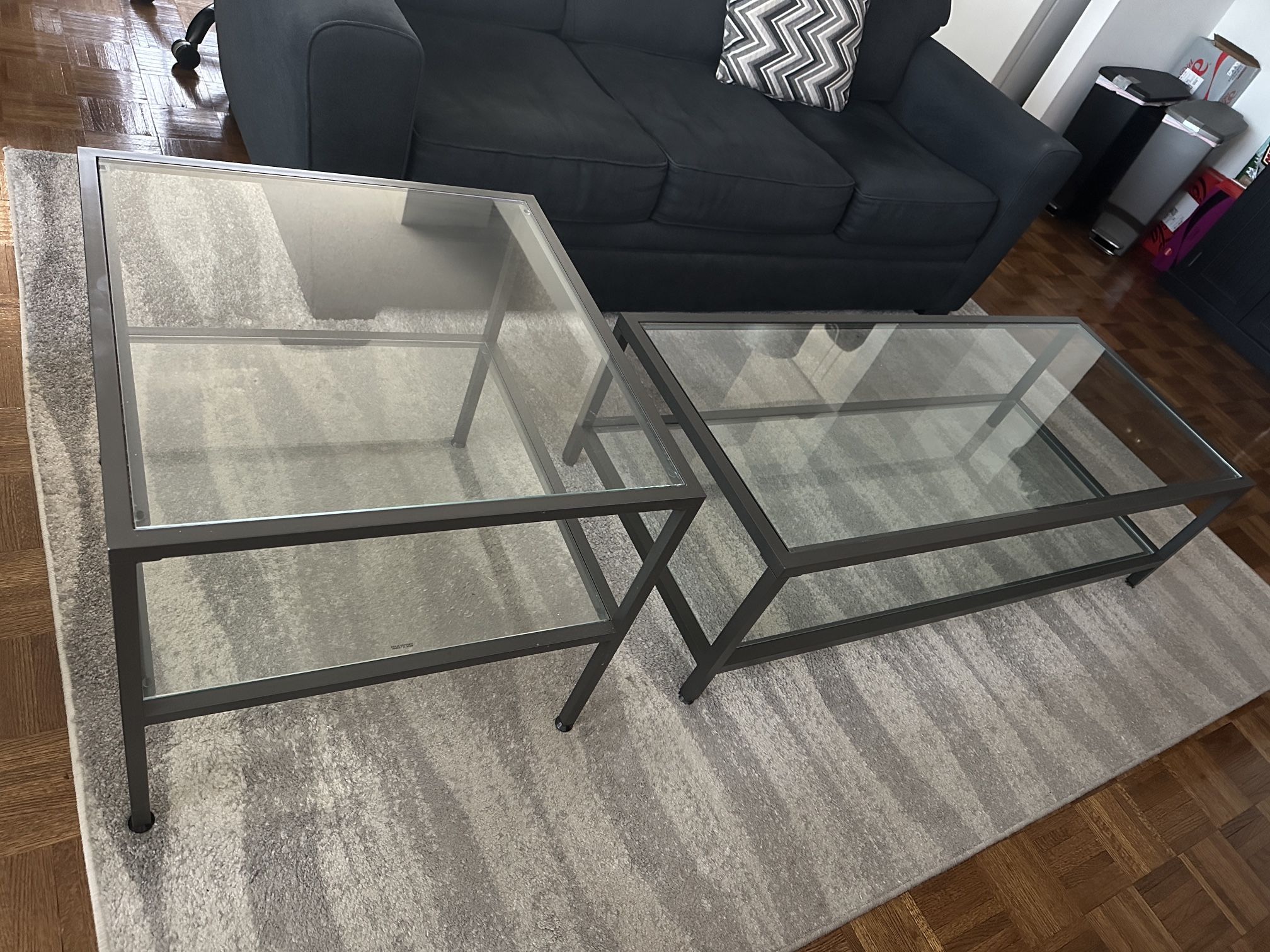 Modern glass coffee table & end table w/ dark grey metal frame