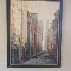 Large Framed Oil Painting Cityscape Signed C Rosen 53x41