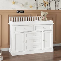 Nursery Dresser with Changing Table Top, 46" W Baby Dresser with 2 Drawers, Laundry Basket & Raised Guard, Infant Diaper Changing Storage Organize Sta