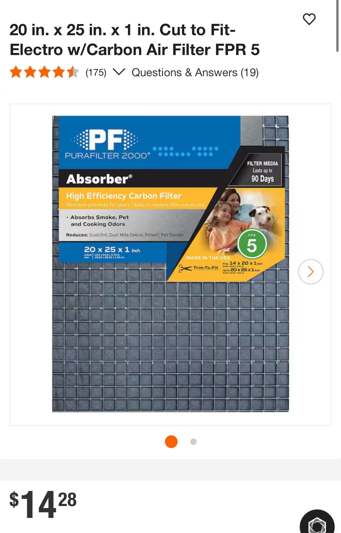 20 in. x 25 in. x 1 in. Cut to Fit-Electro w/Carbon Air Filter FPR 5