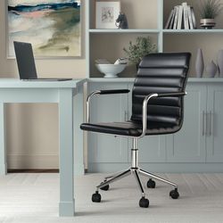 Martha Stewart Taytum Swivel Task Chair with Armrests for Home Office in Black Faux Leather with Polished Nickel Frame