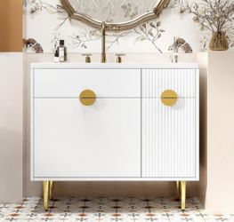 36 Inch Bathroom Vanity Cabinet with Sink Set Combo Freestanding Cabinet with Resin Basin Single Storage Door for Bathroom Gold Legs White