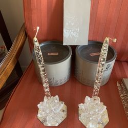 Swarovski Crystal Lily Candle Holders With Added 4 Decretive Lucite Candles & 2 Mirror For Display 4  Decretive 