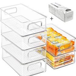 Stackable Refrigerator Organizer Bins, 6 Pack Clear Kitchen Organizer Container Bins with Handles and 20 PCS Plastic Bags for Pantry, Cabinets