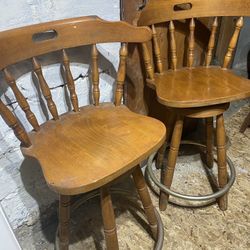 2  Brown Solid Wood Swivel Bar Stools Chairs