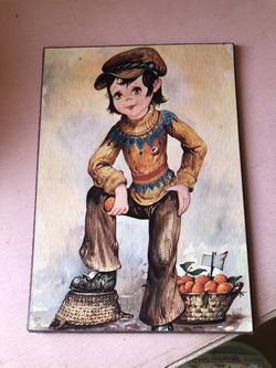 Vintage Big Eye Boy Street Seller Wall Plaque