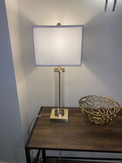 Elegant Table Lamp with the Clear Glass Cylinder Base, Matte Gold Accent and New White Linen Square Shade H27”