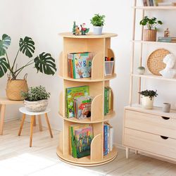 OOOK Kids Rotating Bookshelf Tower, 3 Tier Spinning Floor Standing Montessori Bookshelf Storage