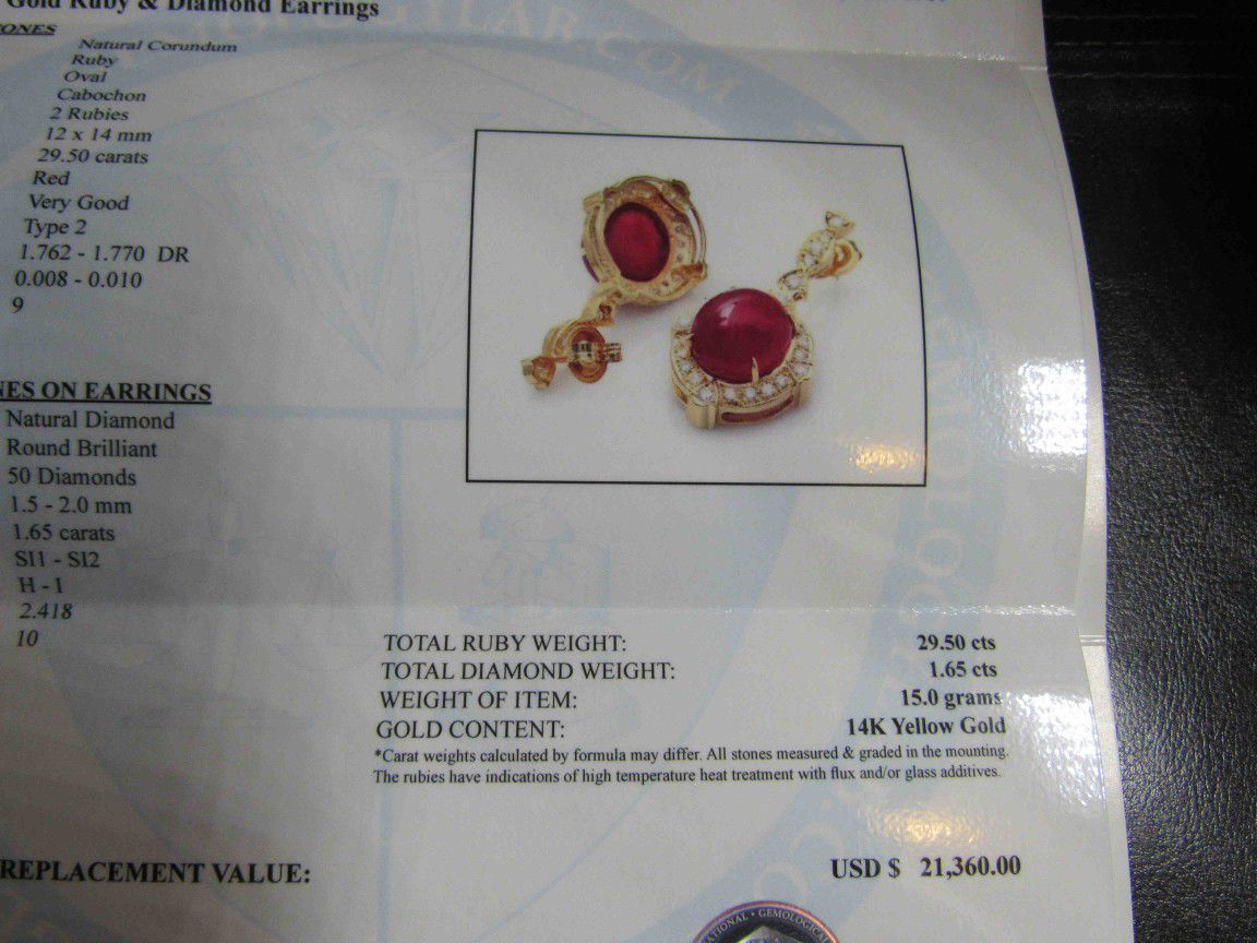14K Yellow Gold 29.50 Carat Ruby 1.65 Carat Diamond Earrings Price is Firm
