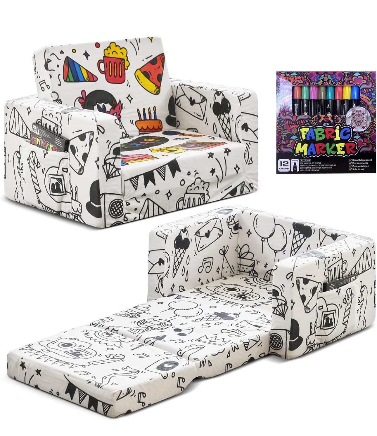 Kids Couch, Novelty Graffi DIY Toddler Chair Toddler Kids Baby Couches Sofa That Fold Out w/Random Doodle Pattern, Kids Chairs Comfy Toddler for Boys 