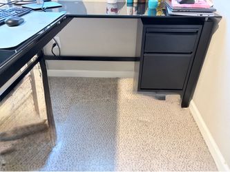 Black L-Shaped Glass Top Desk with Drawers