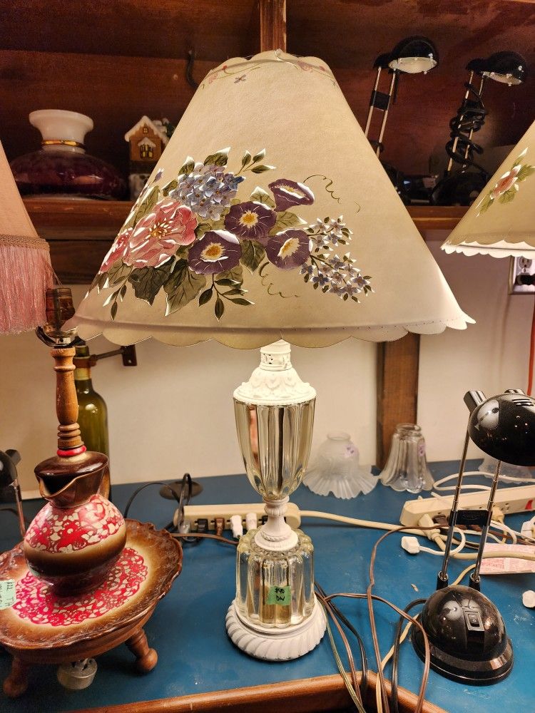 Antique Glass and White Metal Lamp with paper shade