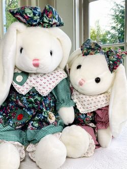 2 Plush Bunnies With Dresses & Bows & Floppy Ears! Super Cute!!