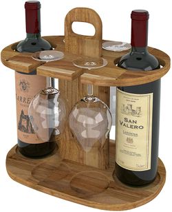 2 Bottle Wine Rack Stand, Rustic Farmhouse Wood Wine Carrier Bottle Holder, Free Standing Countertop Wine Storage