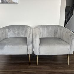 Lightly Used Gray Velvet Barrel Chairs (Set of 2)