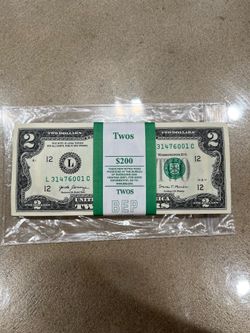 $2 bill in $200 pack Consecutive serial number series 2017 A Crispy Uncirculated