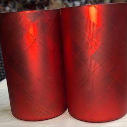 Set Of Two Red Plaid Glass Candle Holders With Gold Interior L7V112