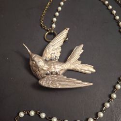 Hummingbird Silvertone Pendant W/Rhinestones On 33" Faux Pearl & Chain Necklace, Toggle Clasp - Brings Good Luck Vintage Mid 20th Century