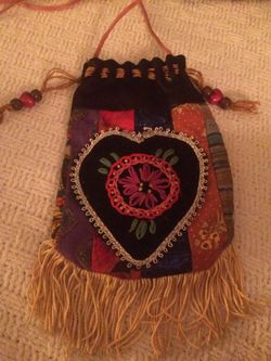 Hand made crazy quilt pouch . Cross body / draw string .
