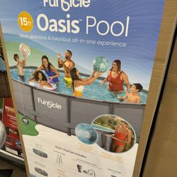 Funsicle 14' x 42" Oasis Designer Round Frame Above Ground Outdoor Swimming Pool Set with SkimmerPlus Filter Pump, Ladder, and Pool Cover, Gray
