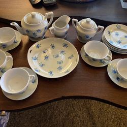 Adorable Vintage Child’s Porcelain Floral Blue and White Tea Set. Service for 5