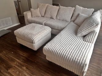 🤩 Brand New Cream Corduroy Sectional Sofa with Chaise & Pillows | Deep Seat Modern Couch | Pay After Delivery 🚚