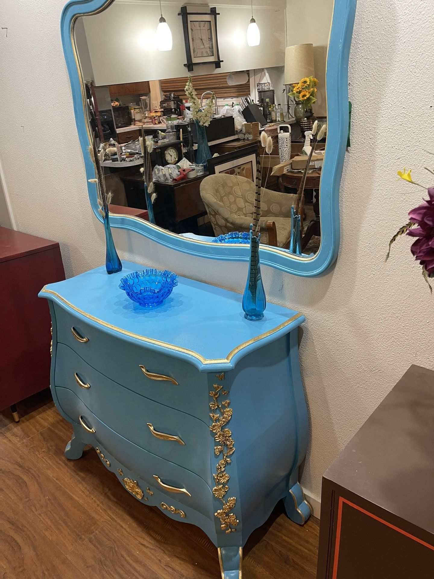 Vintage French Provincial Bombe Dresser & Mirror Set