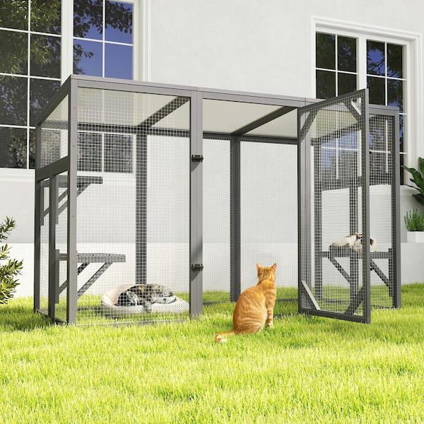 Outdoor Cat Catio House, Wooden Cat Enclosure with Tilted PC Sun Roof, NEW