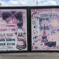 Parisian Event Advertisement Prints - Moulin Rouge & Balloon Festival - Framed 12"x16"