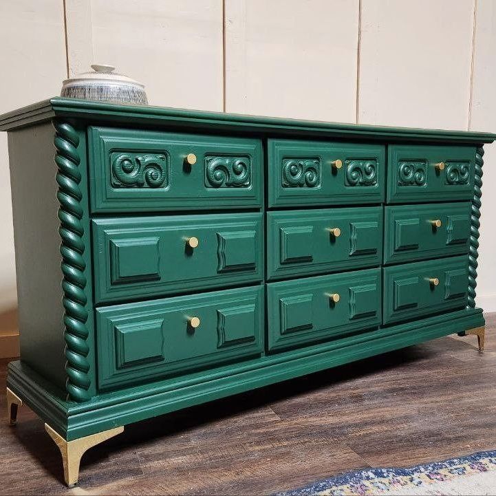 long green dresser Weselon 9 Drawer Fluted Dresser for Bedroom, Mid Century Chest of Drawers with Arc Edge, Wood Storage Large Dresser Organizer for Bedroom Living Room