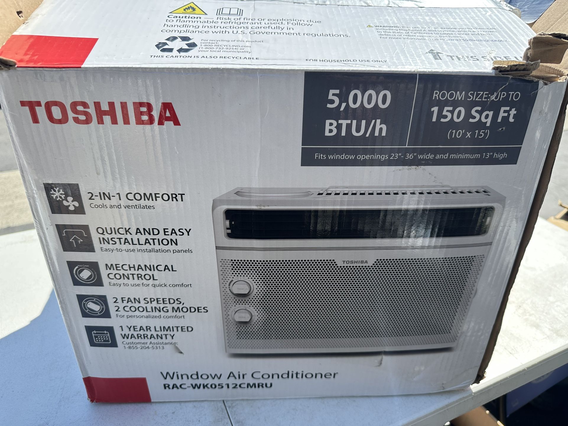TOSHIBA WINDOW AC 150 Sq Ft. 5,000 BTU/h (10’ X 15’)