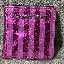Victoria's Secret Compact Travel Mirror - White w/ Pink striped Design