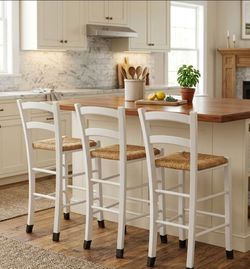 Set of 3 White Farmhouse Ladder-Back Barstools with Woven Rush Seats
