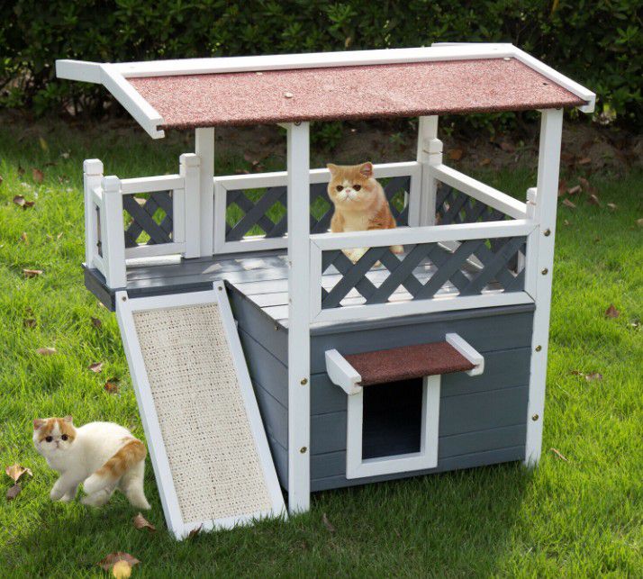 Kinbor Wooden Pet house Cat Shelter Small Animal Hutch w/ Roof Stair Escape Door