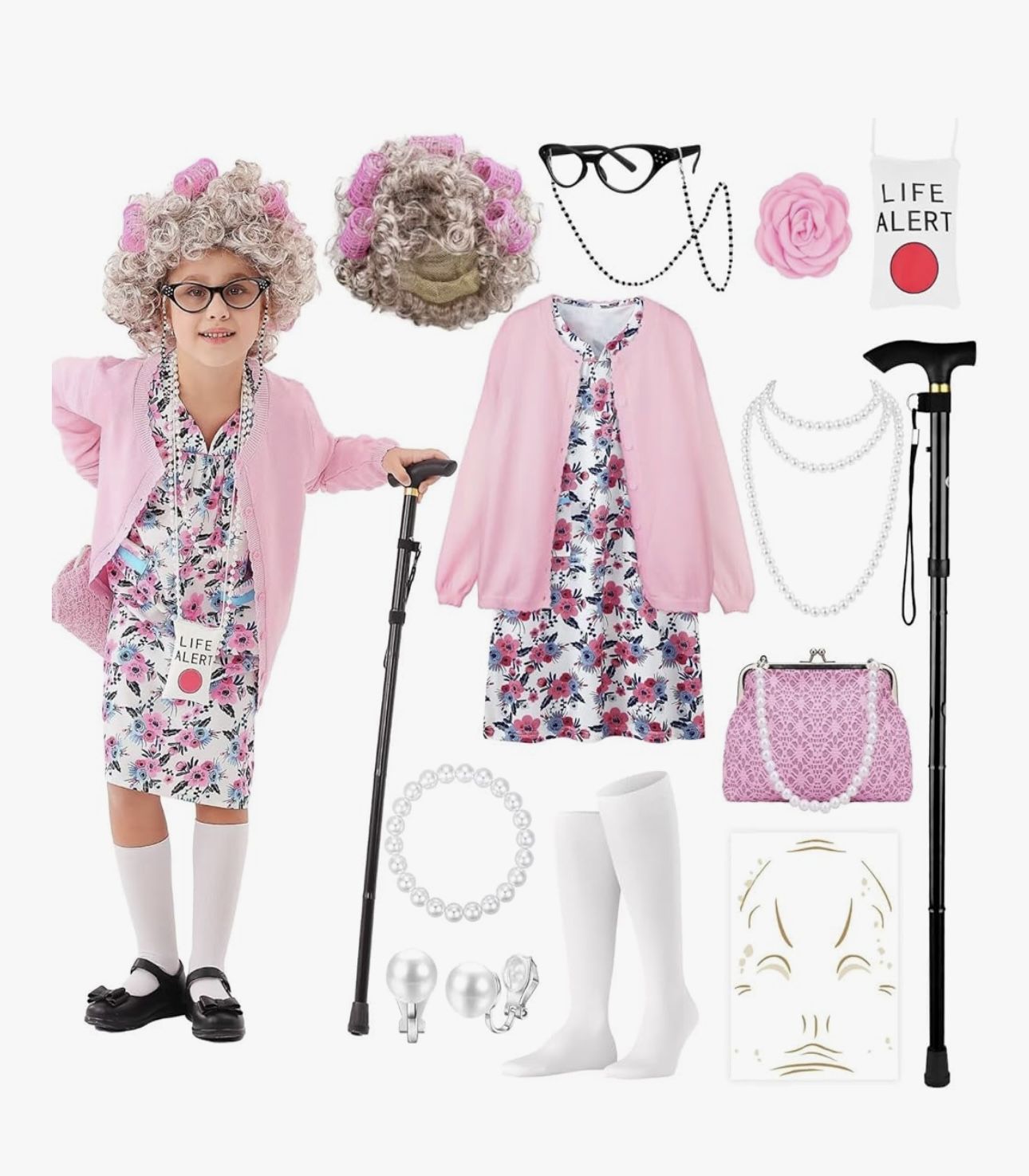 Old Lady Costume Set with Granny Dress Cardigan Old Lady Wig Glasses