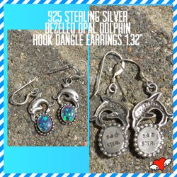 Vintage 925 STER Silver Opal Dolphin Dangle Earrings