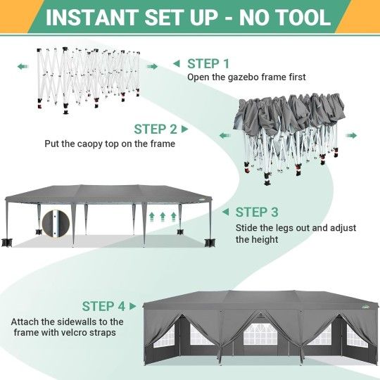 10x30 Pop Up Canopy Tent for Parties with 8 Sidewalls Waterproof Commercial Instant Canopy 10x30 Party Tent for Backyard Wedding Portable carpa
