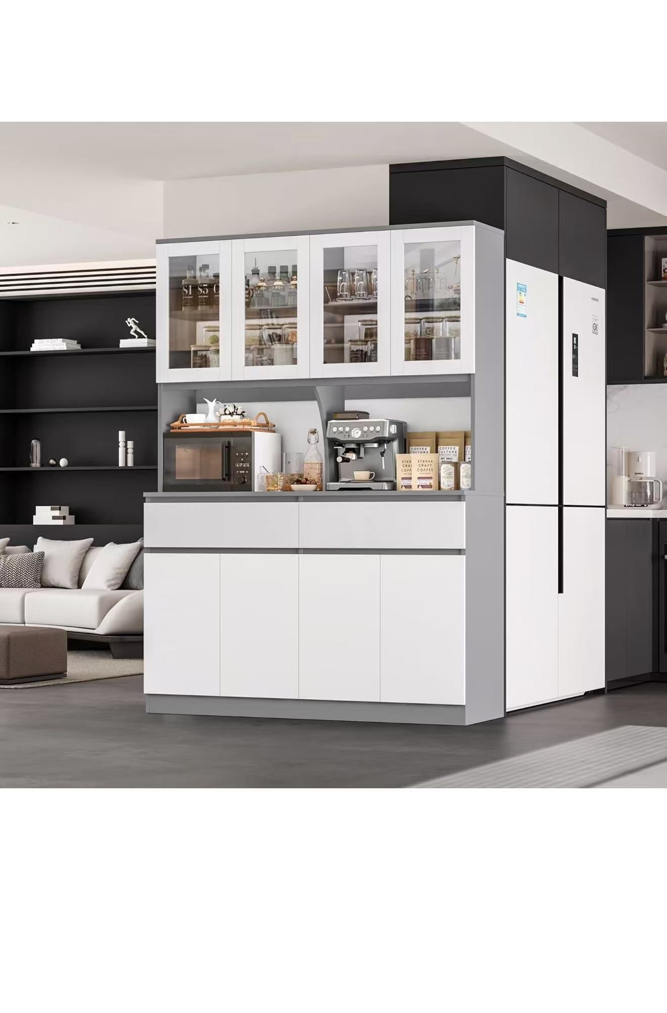 Large Hutch Cabinet 75" Tall Kitchen Pantry with Drawers and Doors, 55" Wide Hutch Countertop for Microwave/Coffee Bar, Wooden Storage Hutch with Adju