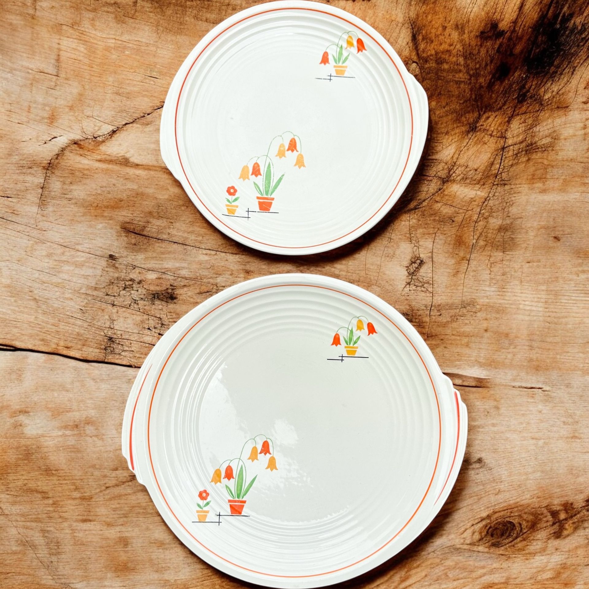 Antique Art Deco Platter Dinnerware Large Plates Set 1930s Tulips in Pot Vintage Retro Flower Decor