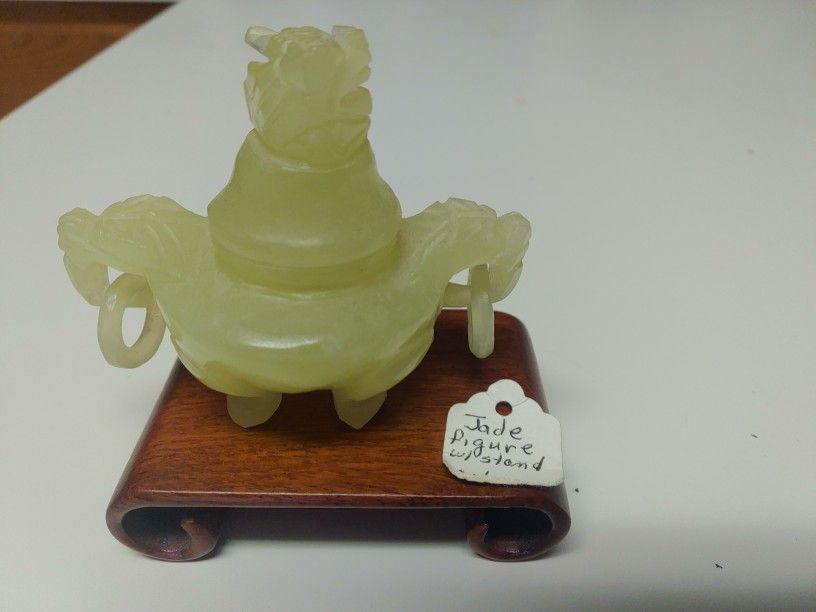 Vintage Carved Jade FOO DOG Urn Jar Lid Wood Stand "