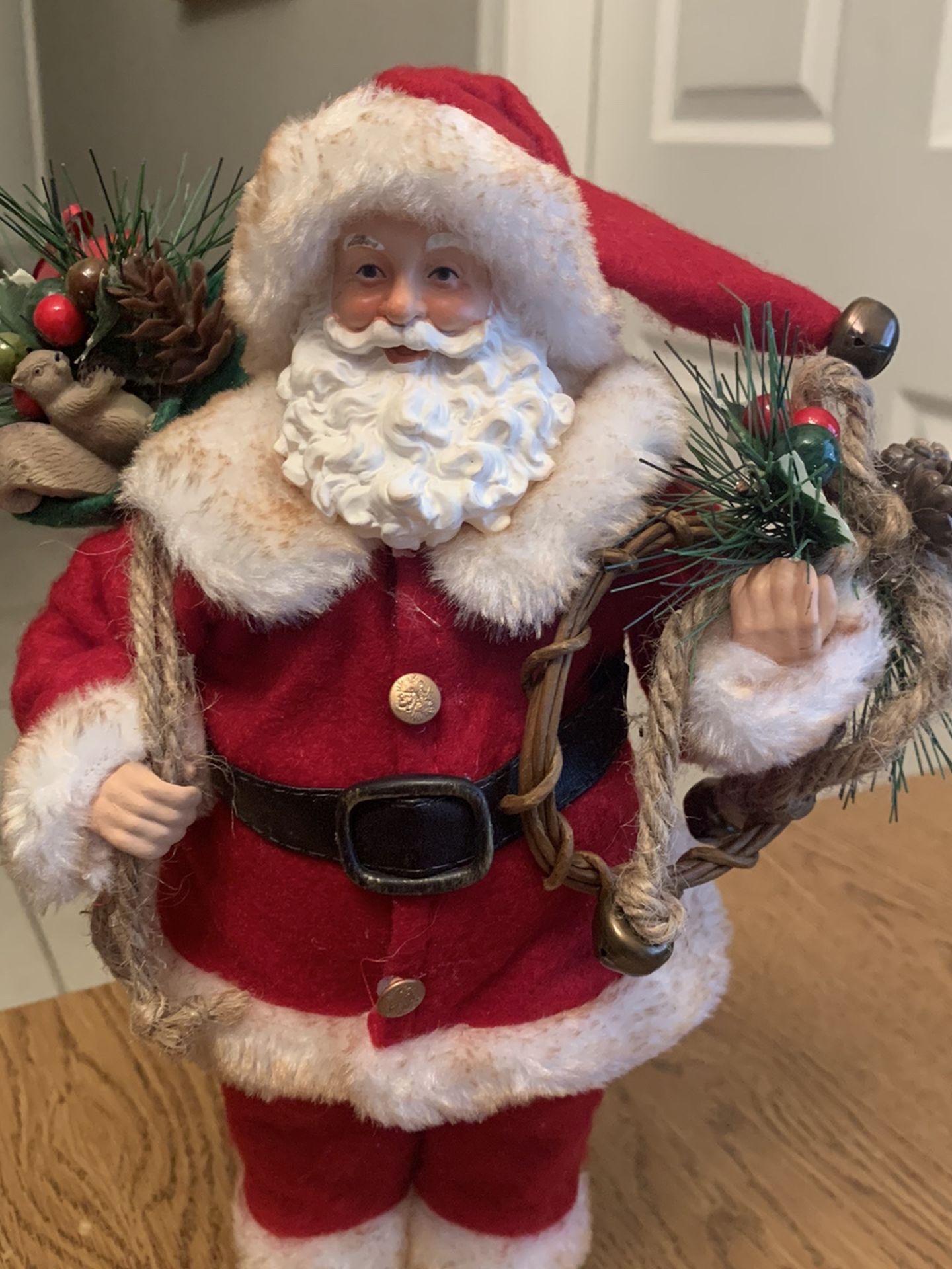 Vintage Santa Claus 11” Figure Doll w/ Gift Bag Felt Faux Fur Outfit Pinecones
