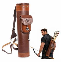 TOPARCHERY Traditional Shoulder Back Quiver Bow Leather Arrow Holder with Large Pouch Handmade Straps Belt Bag Brown